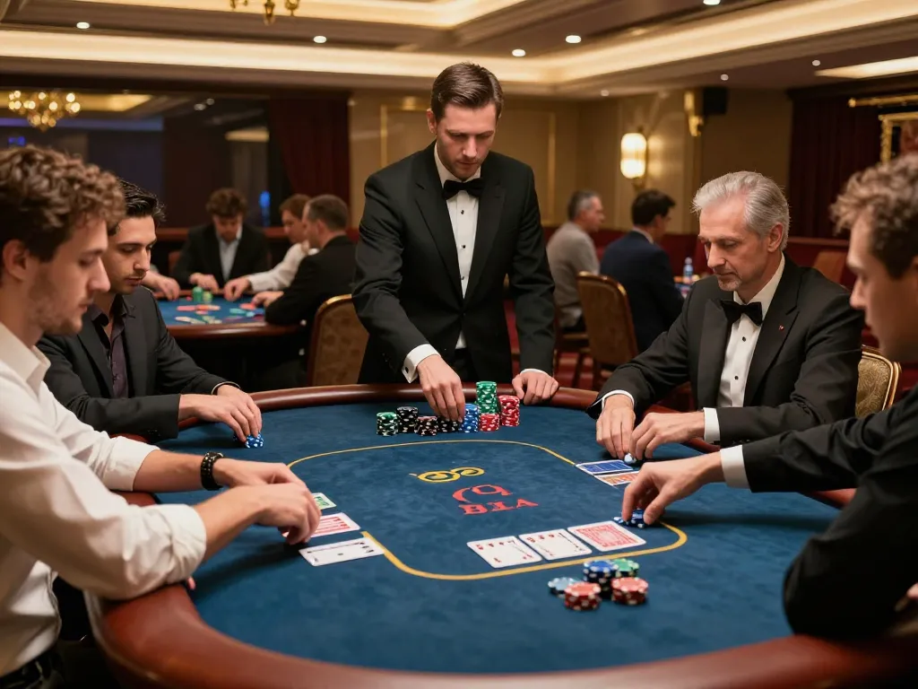 Players engaging in a strategic poker game at ManClub's luxurious casino, highlighting excitement and professionalism.