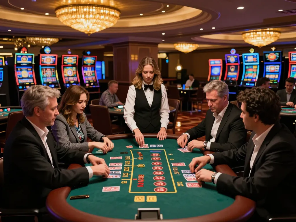 Fabet players enjoying an exciting game night in a luxurious casino atmosphere with vibrant tables.