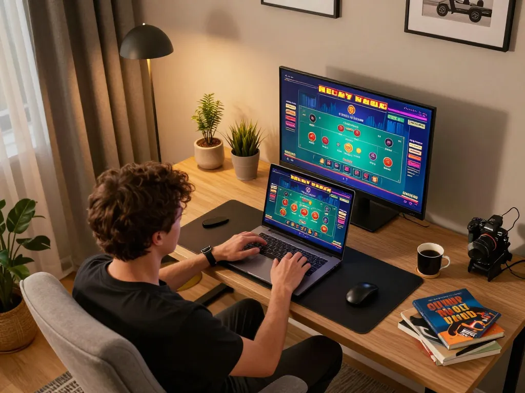 DAGA player immersed in a thrilling online casino game on a laptop at home