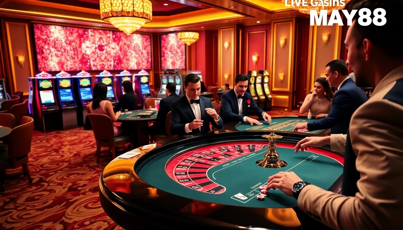 Experience the excitement of live casino gaming at MAY88 with engaging players and elegant interiors.