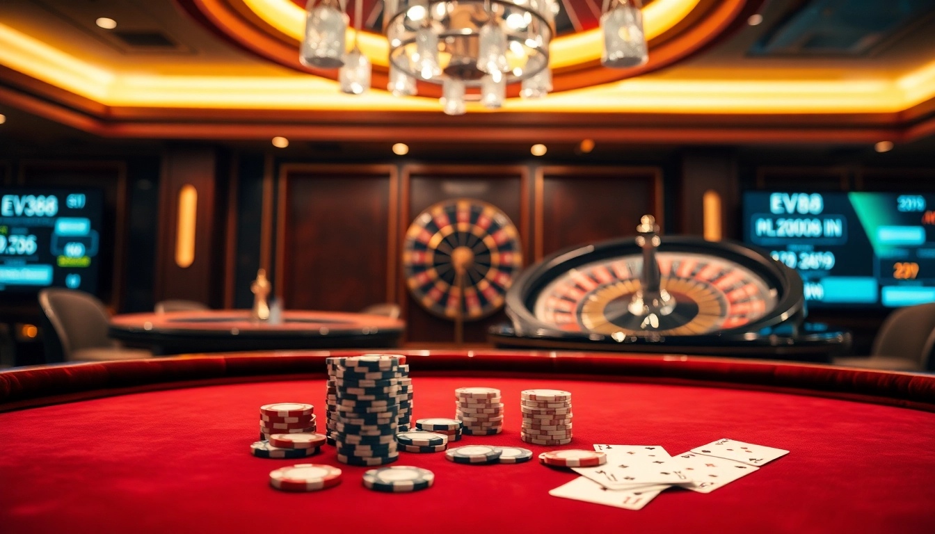 Players engaging in a thrilling poker game at EV88's luxurious casino table.