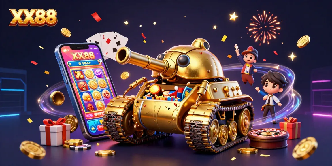 Experience XX88's engaging casino atmosphere inside a golden beetle tank amid dynamic gambling elements.