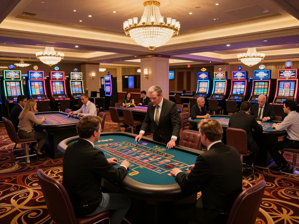 Excited players engage at the luxurious tables of go8 casino, with vibrant games and an inviting atmosphere.