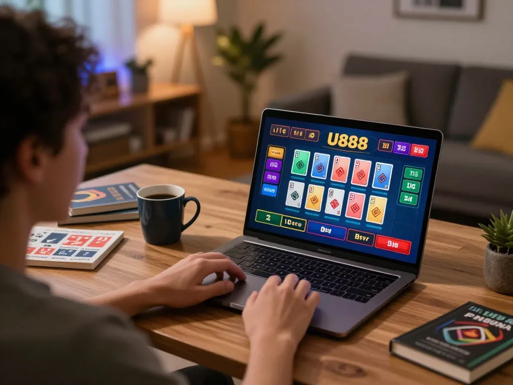 Engaging online gaming experience at U888 with live dealer action on a sleek laptop in a cozy setup