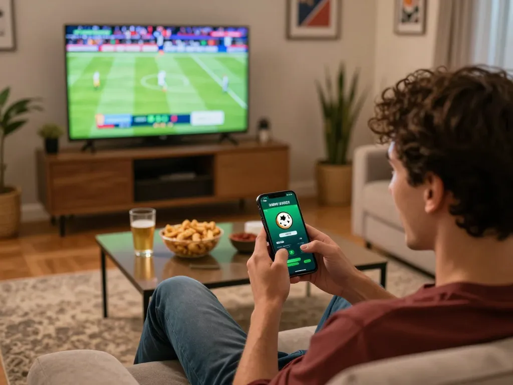 Placing live sports bets on tx88at app during an exciting game from a cozy home setup.