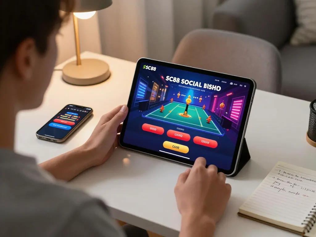 Player exploring SC88 social app's casino features on a tablet in an inviting home setting.