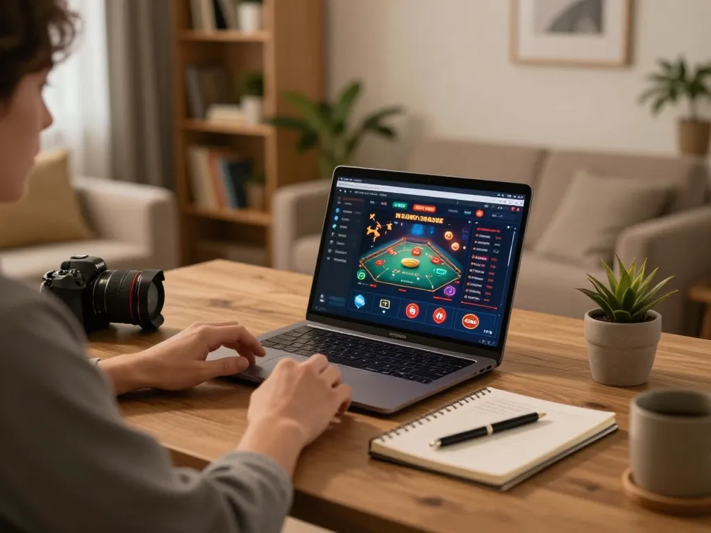 Player enjoying lode88s online gaming experience at home with strategic notes beside laptop