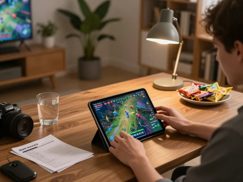 Engaging in sam86 gameplay on a tablet in a cozy home office setting, showcasing vibrant graphics and strategic notes