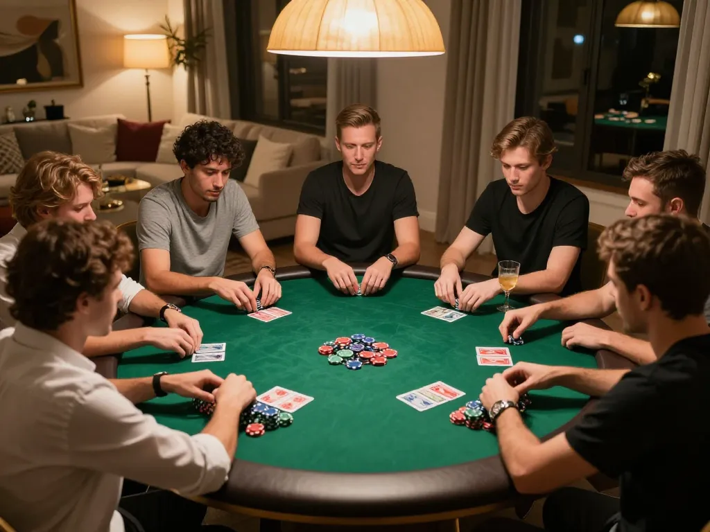Players enjoying an intense poker game at home, featuring the 13win.com vibe of competitive gambling.