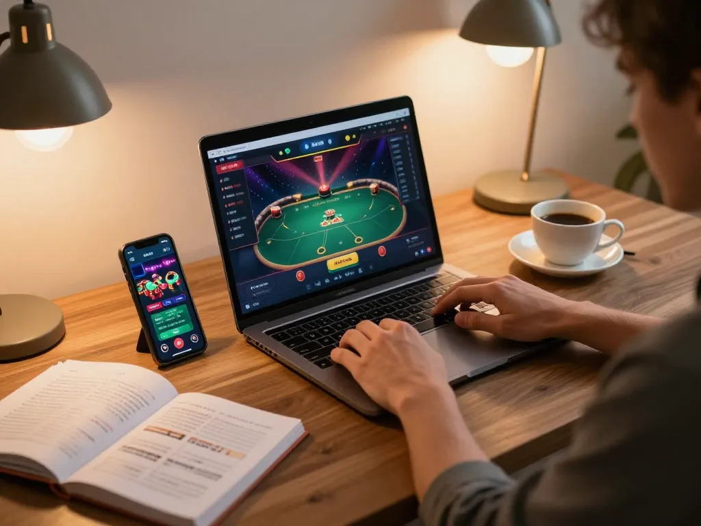 sc88 user engaging in online poker game on laptop with strategy notes nearby.