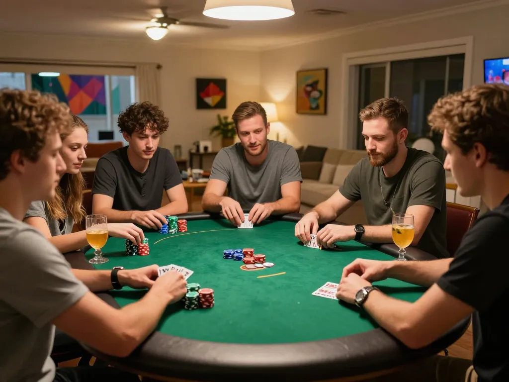 Join an exciting home poker game night as friends strategize and play c168.