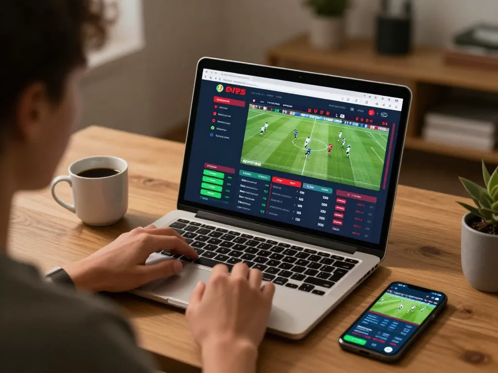 Person engaging in online sports betting, analyzing ty le keo nha cai for football matches on a laptop.