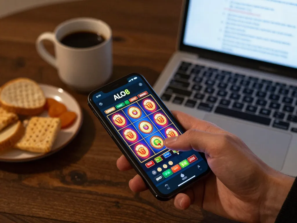 Engaging scene of a player using the ALO8 casino app on their smartphone during online gameplay.