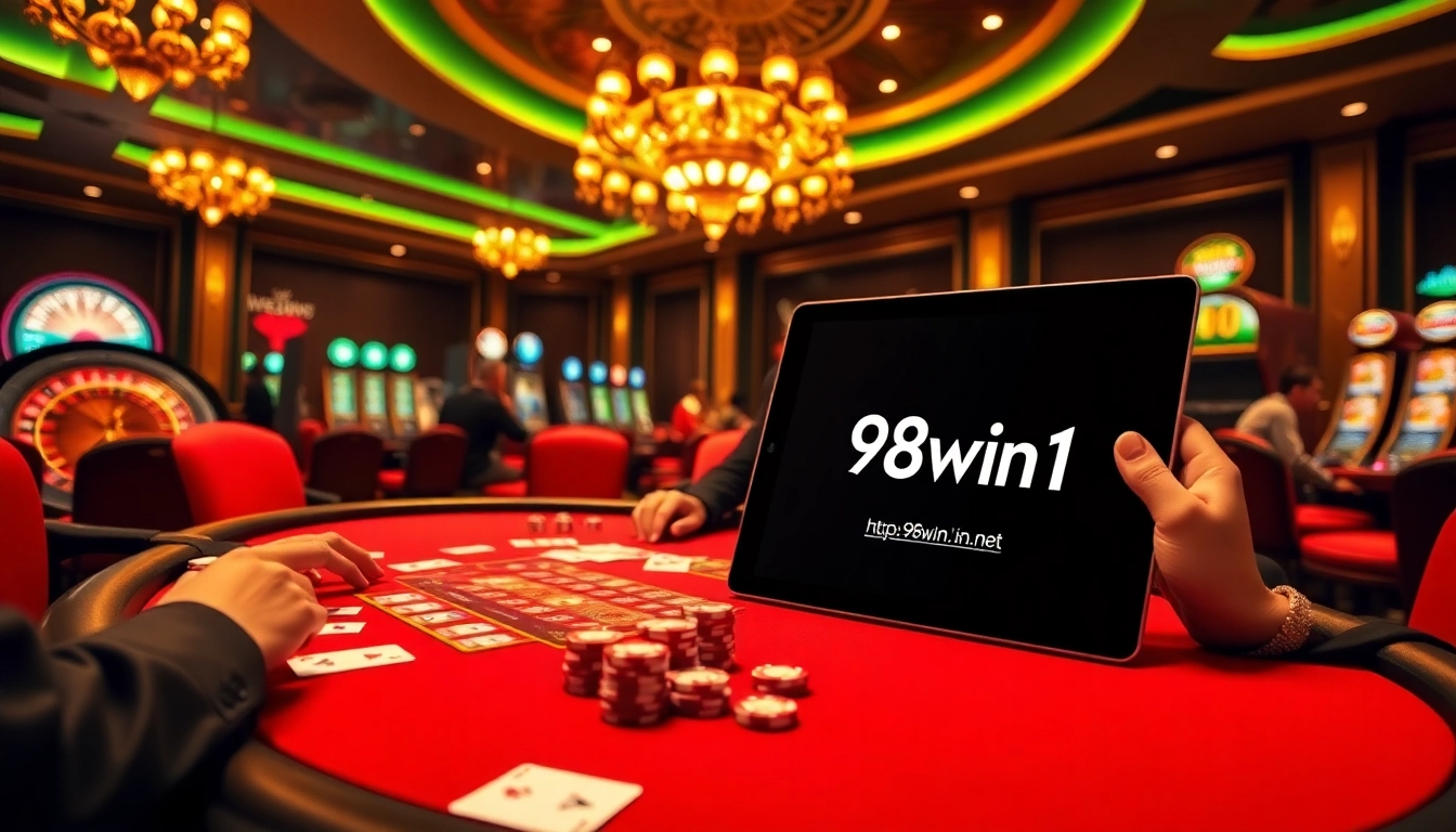 Players enjoying a thrilling game at https://98win1.in.net/ casino with poker chips and cards.