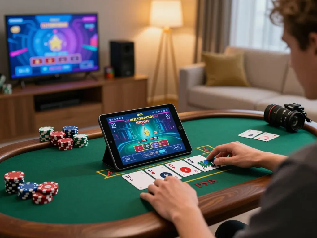 Experience thrilling online gambling with 789win.com in a cozy living space, showcasing a dynamic live dealer game.