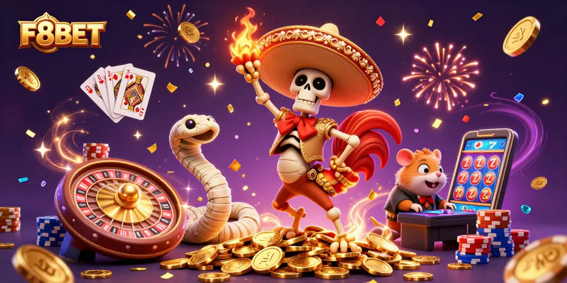 Experience the excitement of F8BET with vibrant characters celebrating amidst dynamic casino elements.