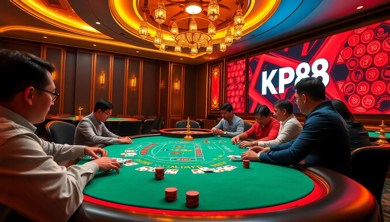 Experience the excitement at KP88 casino with vibrant players at the poker table.