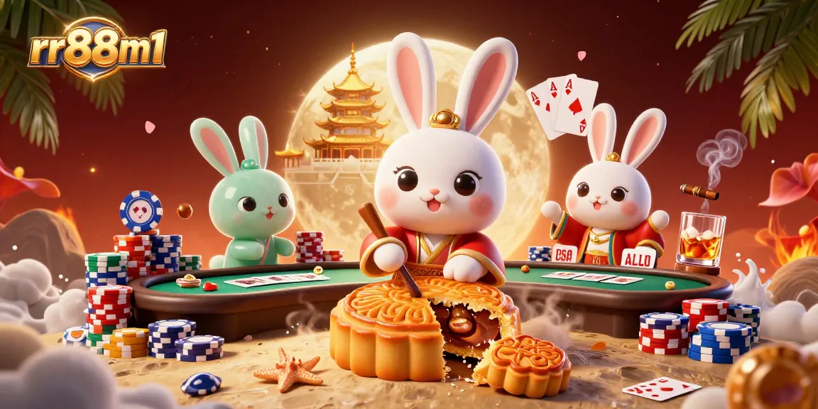 Experience excitement at rr88m1 with a vibrant illustration of moon rabbits and poker action.