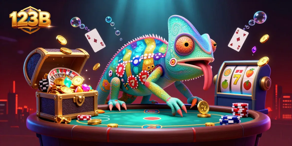 Engage with exciting casino games at 123B, featuring a colorful chameleon owner and dynamic gaming elements.