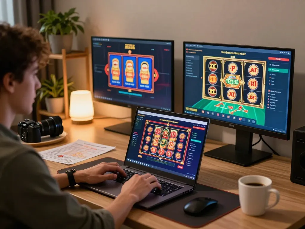 Engaging in online gaming at https://suncity.global/, player immersed in gaming with laptop and strategy notes.