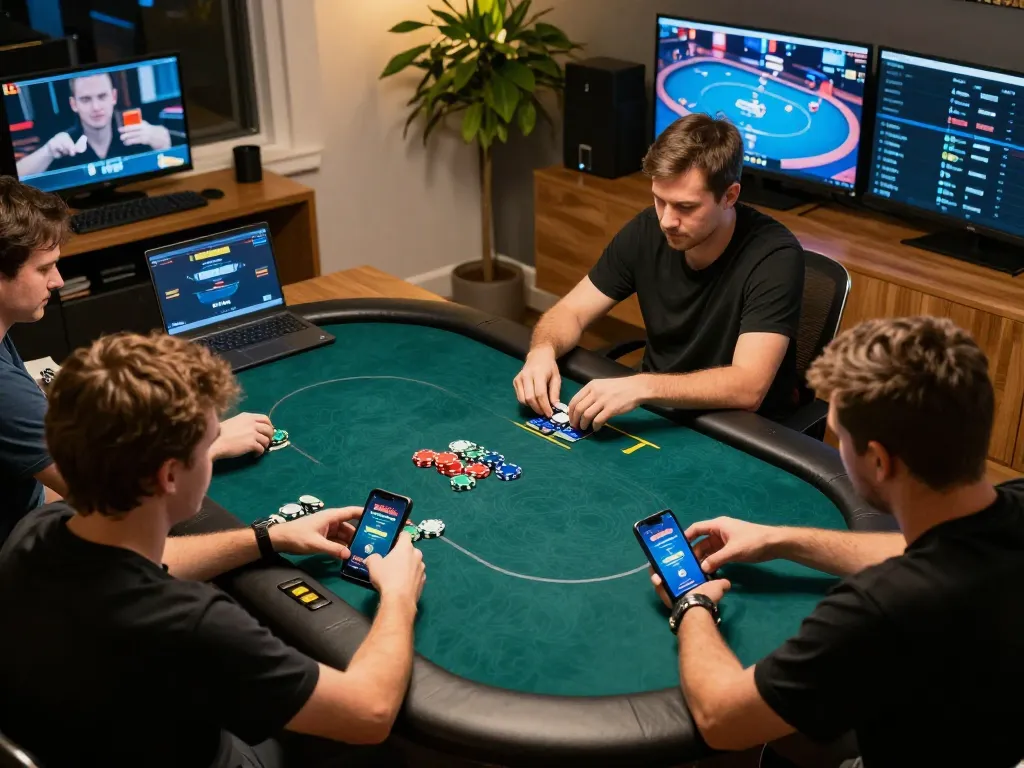 good88 players actively engaging in online poker game with colorful chips in vibrant home setting
