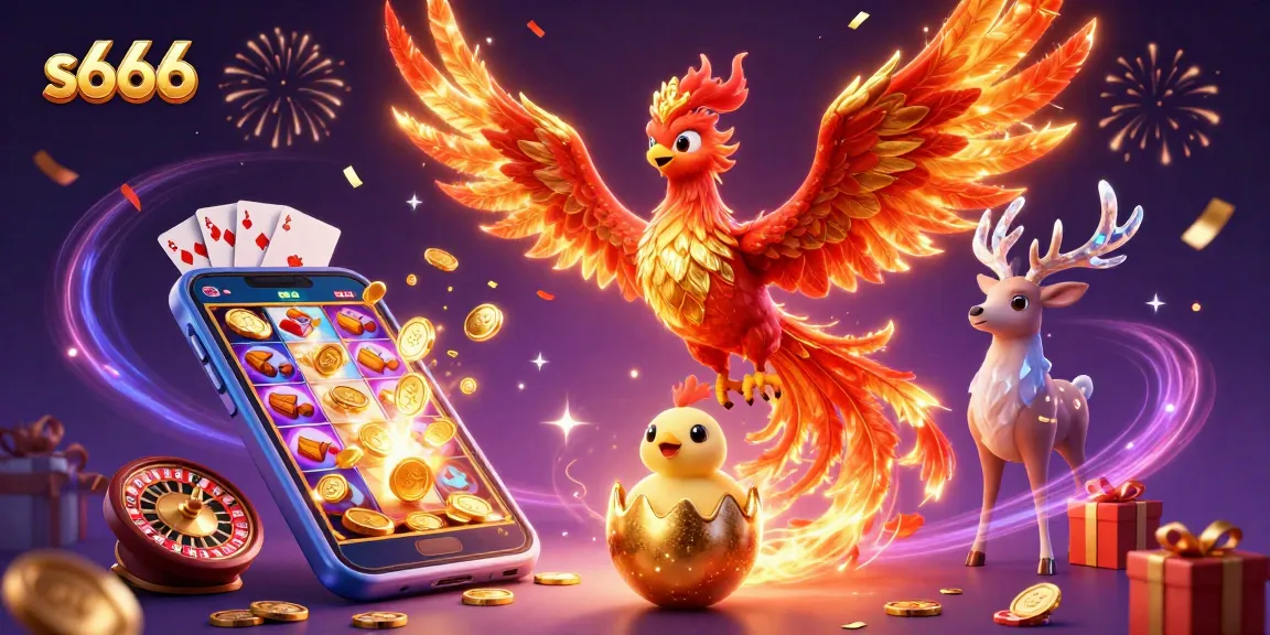 Experience the thrills of s666 with a stunning 3D phoenix scene showcasing vibrant casino games and colorful jackpots.