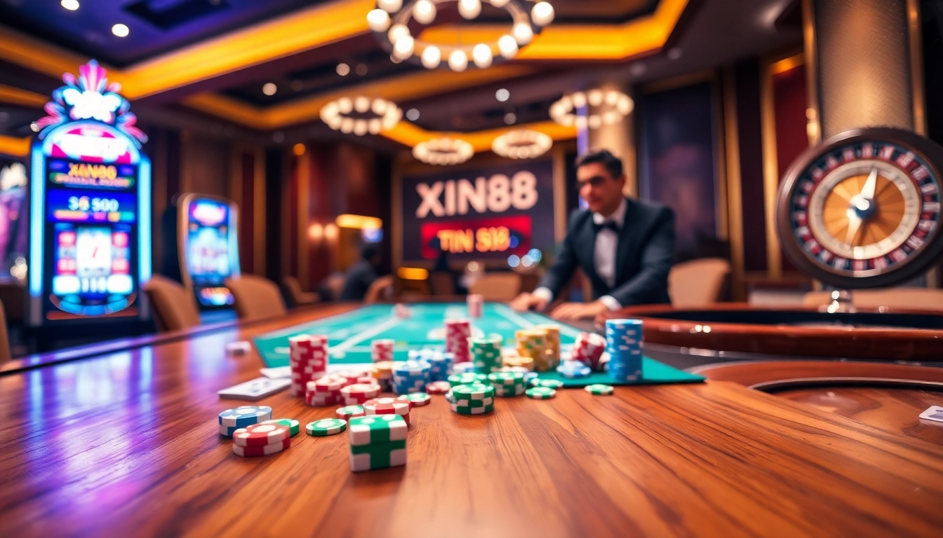 XIN88 casino gaming scene with vibrant poker chips and a spinning roulette wheel.