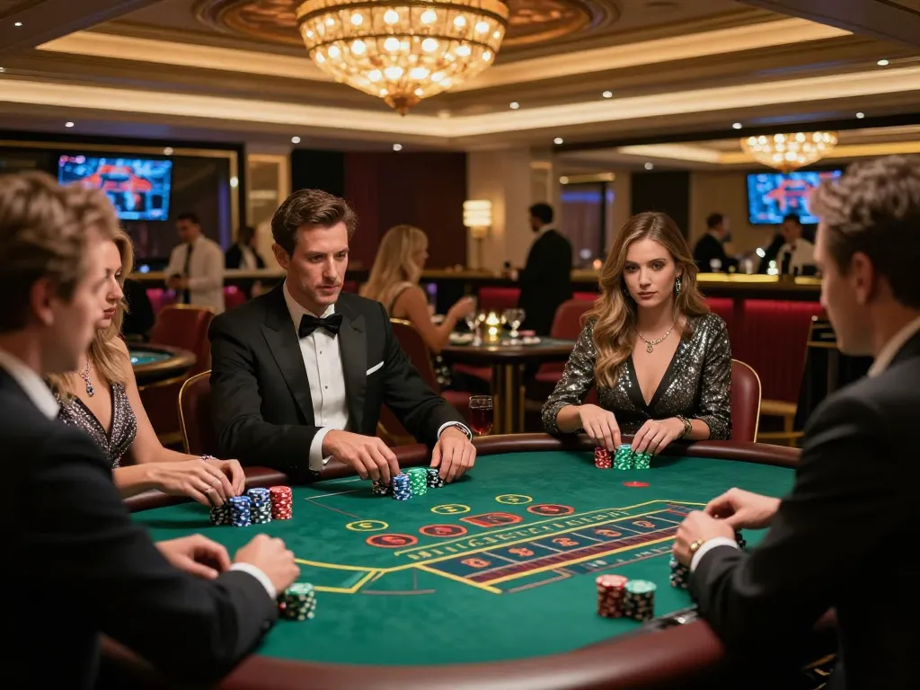 DEBET players enjoying high-stakes gameplay at a vibrant casino with roulette and blackjack tables