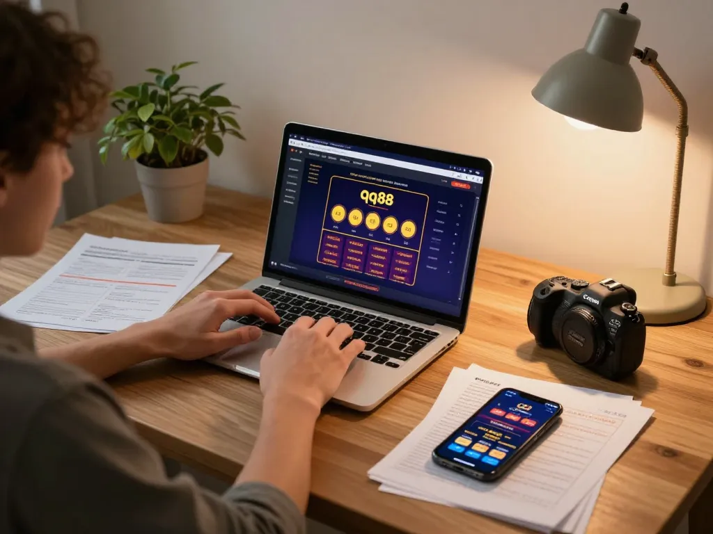 Engaging with the qq88 online casino platform from a stylish and organized home gaming setup.