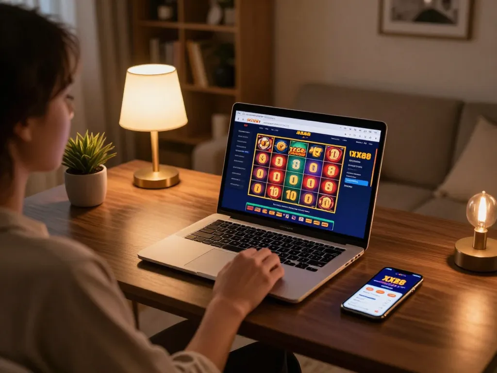 Engaging online gaming experience at XX88 with vibrant slots displayed on a laptop.