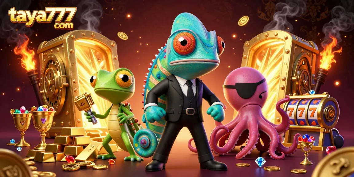 Engage in exhilarating gameplay at taya777 com while surrounding colorful slot reels, golden treasures, and charming characters.