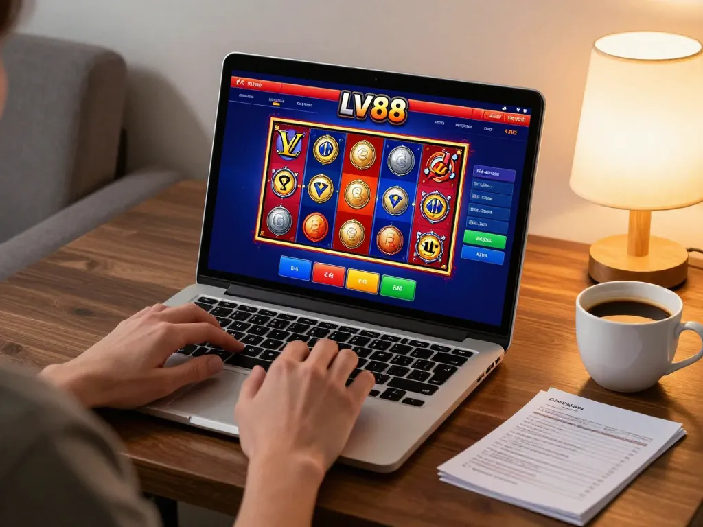 Player navigating LV88 online casino interface on laptop in cozy gaming setup, displaying responsible gambling practices