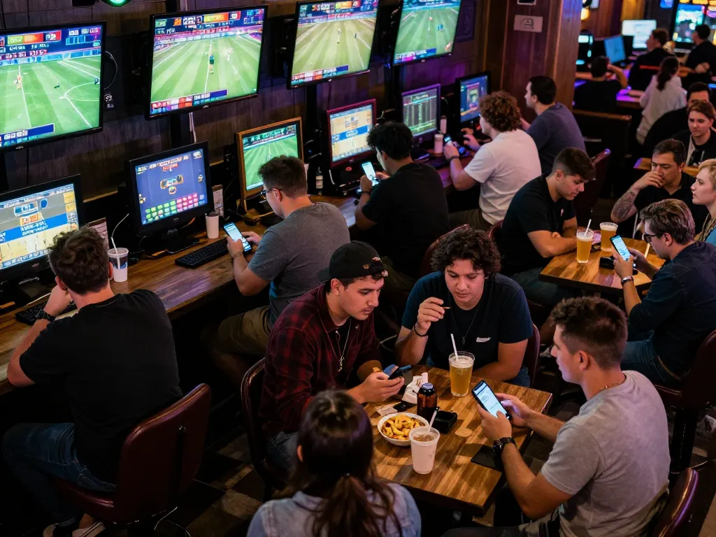 Watch as OKFUN players engage in thrilling sports betting at a vibrant bar.