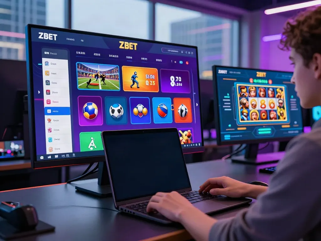 ZBET online gaming interface with user engaging on smartphone, showcasing vibrant sports betting.