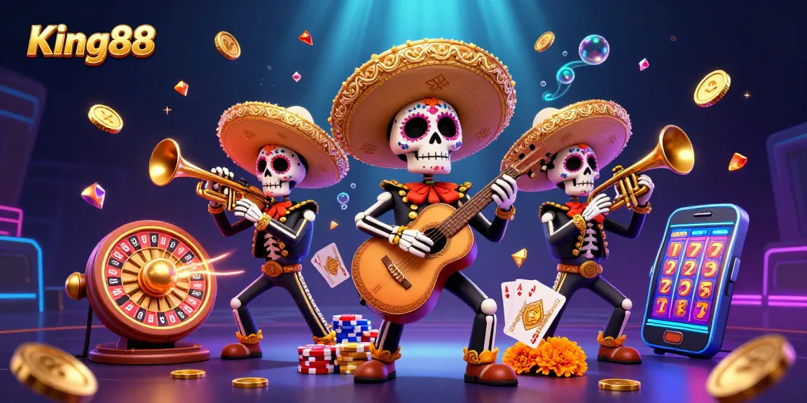 Engage with King88 as vibrant skeleton mariachi create excitement in an ultra-detailed casino scene.