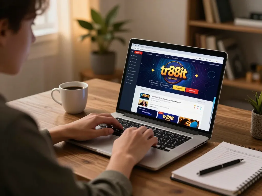 User engaging with tr88it casino website from home setup, showcasing online gambling atmosphere.
