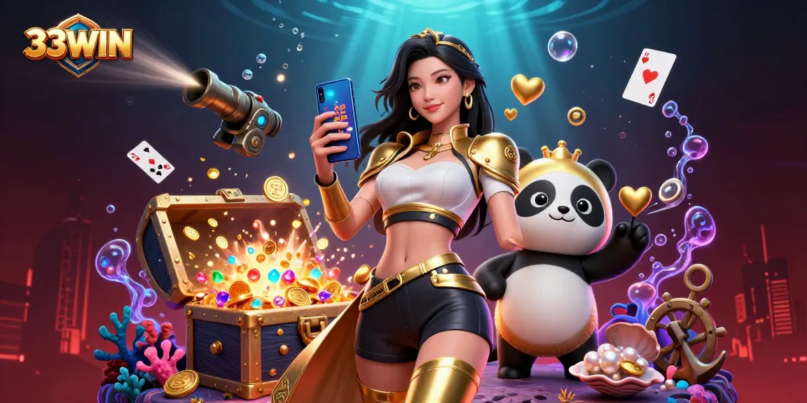 Experience the thrill at 33WIN with an Asian woman showcasing a casino game amidst vibrant underwater elements.