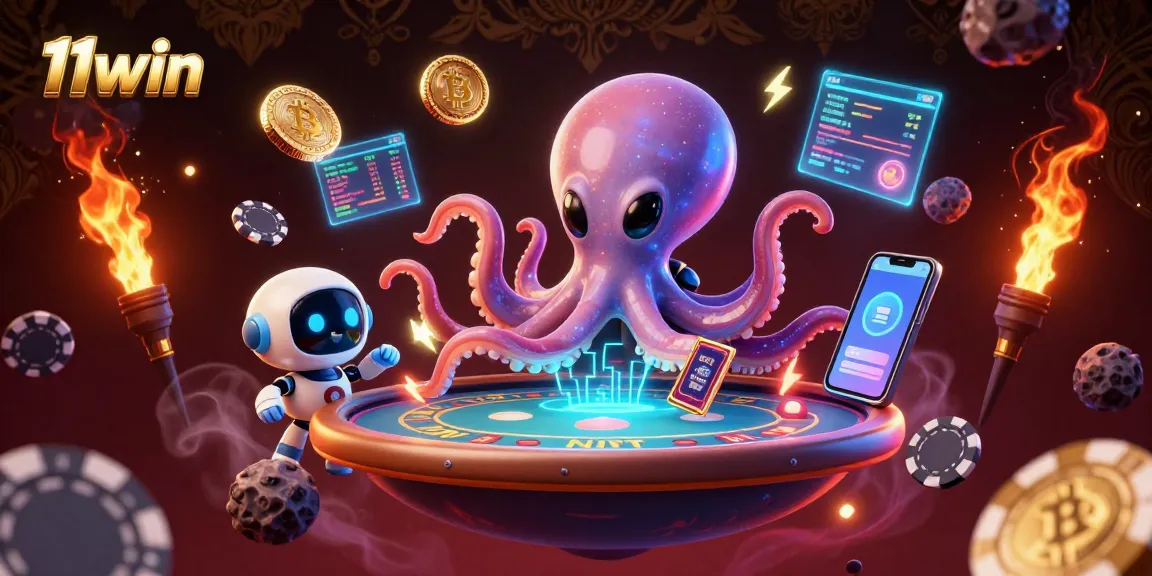 11win showcases a vibrant alien octopus at a holographic poker table in a cosmic setting.