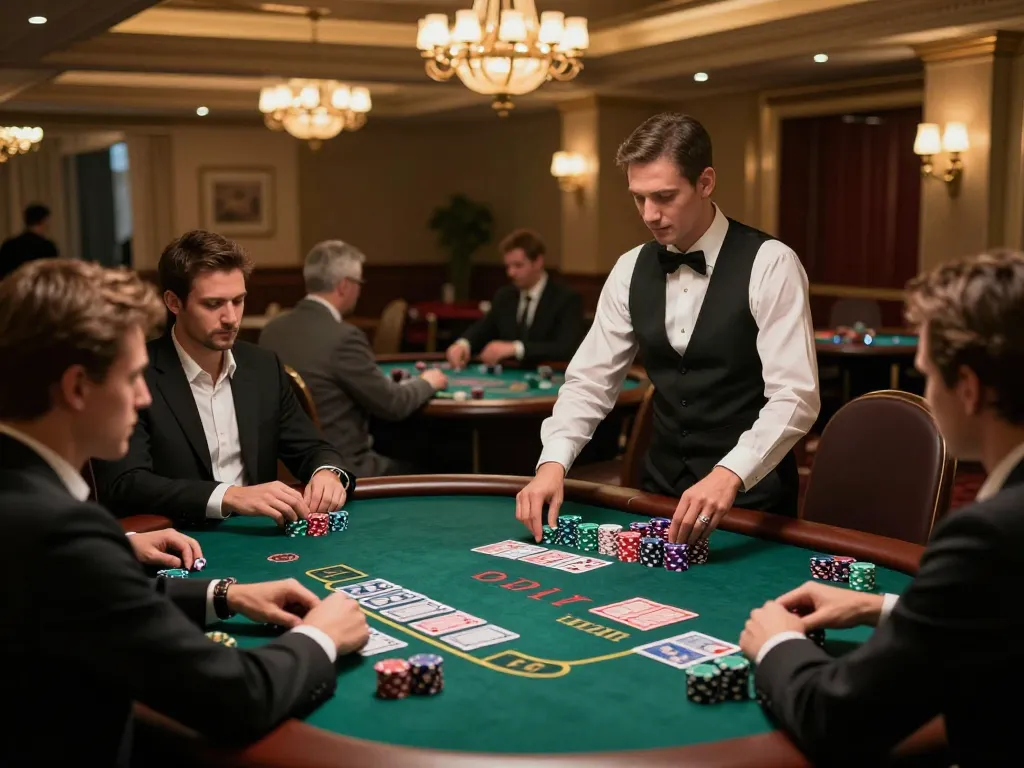 Dabet blackjack table scene with players engaged in high-stakes gameplay, showcasing the strategic excitement.