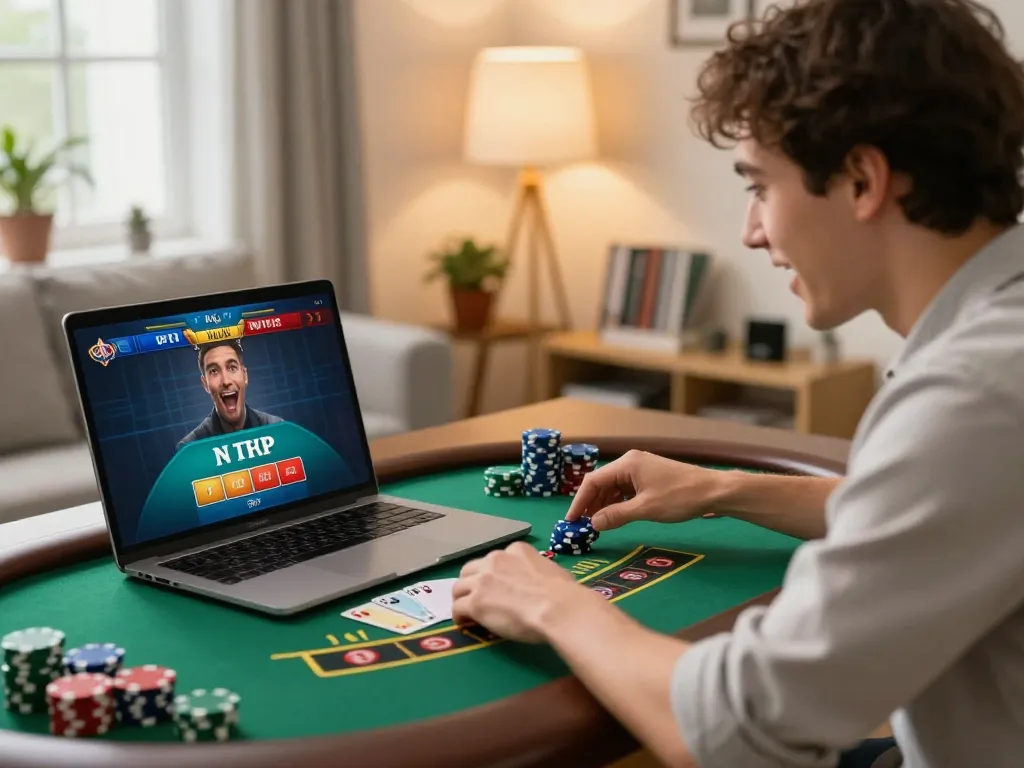 Player engaging in an interactive live dealer game on XI88, showcasing strategic betting in a warm home setting.