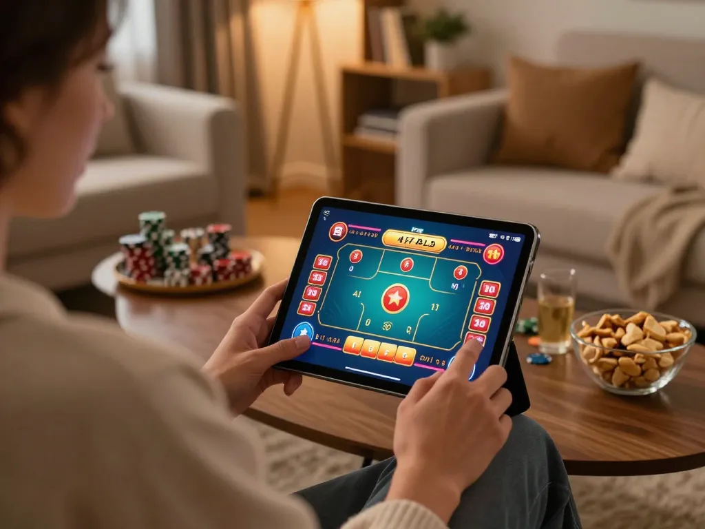 vt88 player enjoying online poker on tablet in cozy living room with snacks and drinks
