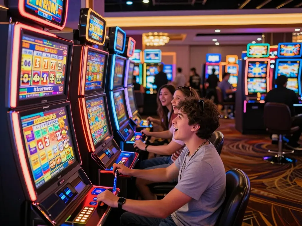 Players engaging with slot machines at HIT CLUB casino, showcasing excitement and vibrant gaming atmosphere.