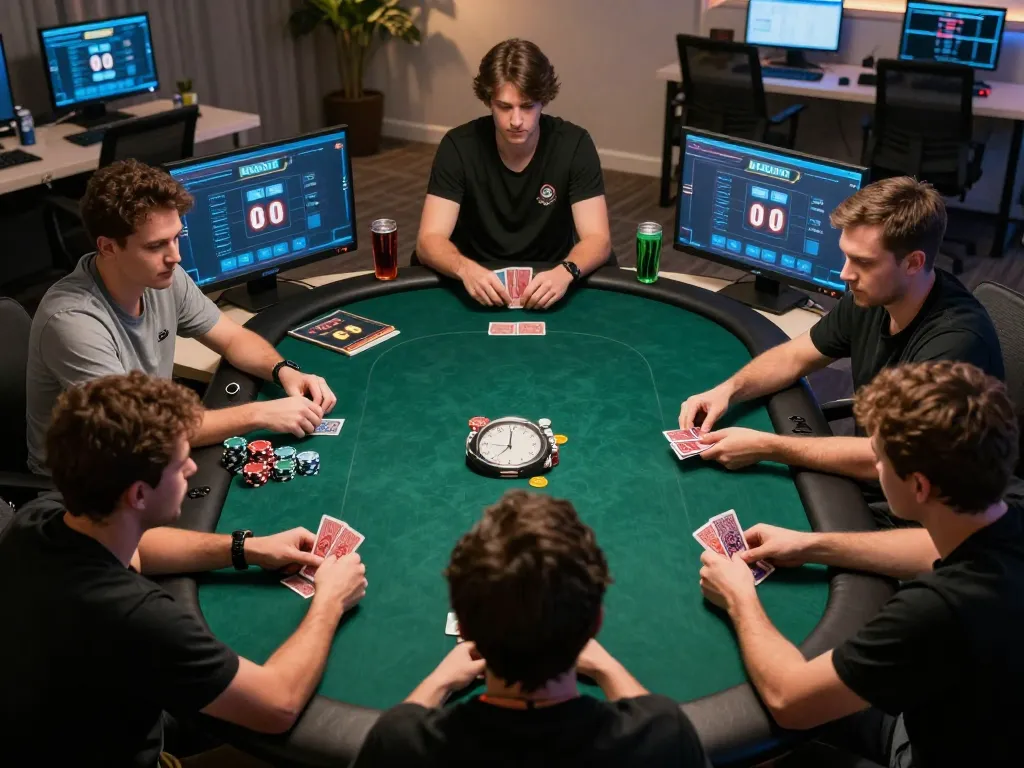 11WIN poker players strategizing in an intense online game, with chips and cards on display.