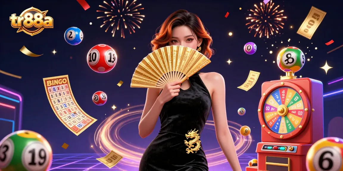 Engage with tr88a's vibrant lottery action in a dazzling 3D illustration full of dynamic game elements.