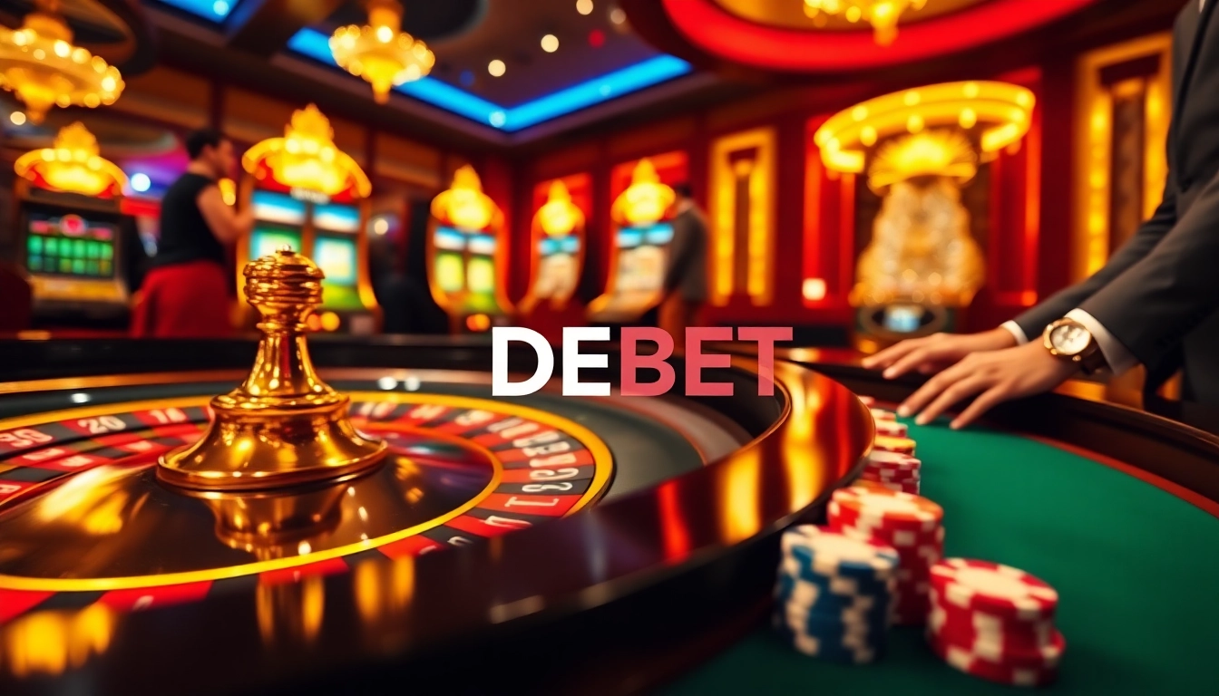 DEBET gaming scene with players at a roulette table and bright slot machines.
