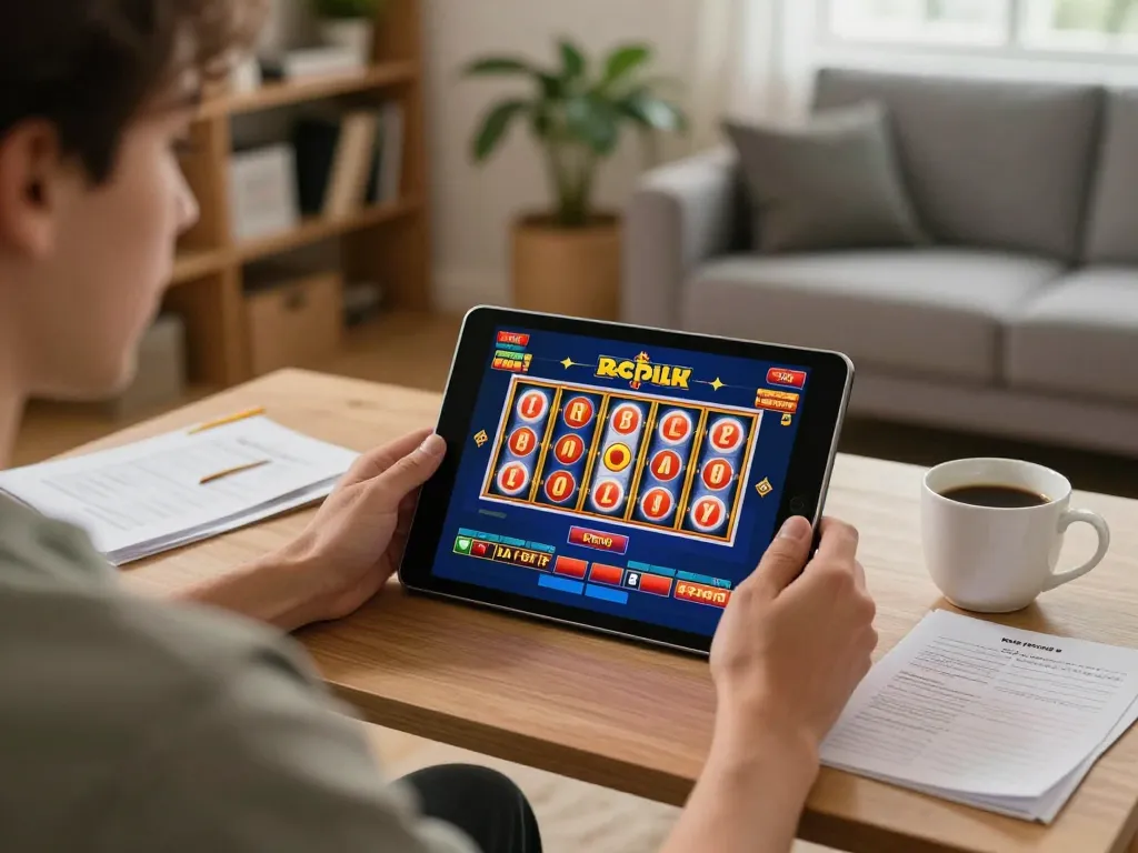 Engaging online gaming scene with mb668 tablet slots display, creating a cozy home entertainment atmosphere.