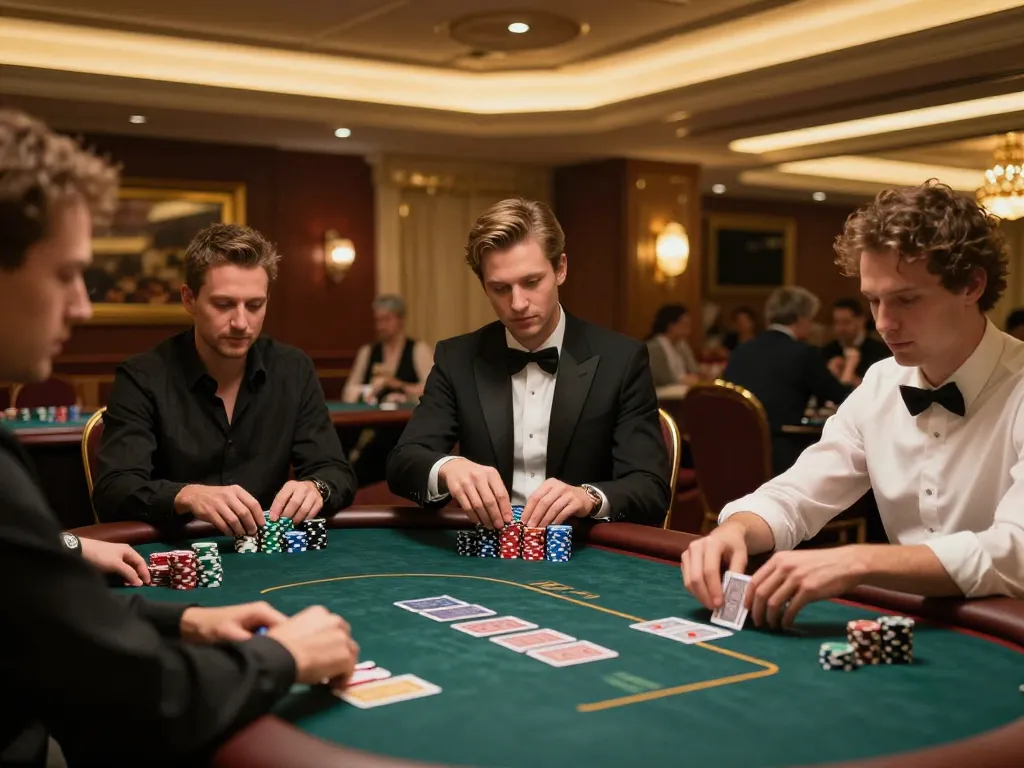 Players at a high-stakes poker game focus intently on their hands at the 98win9 casino.