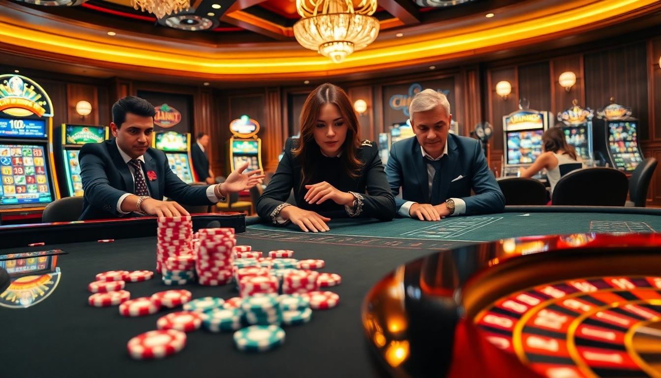 Engage in thrilling gameplay at https://88vn.cn.com/ with a vibrant casino atmosphere, featuring poker chips and slot machines.