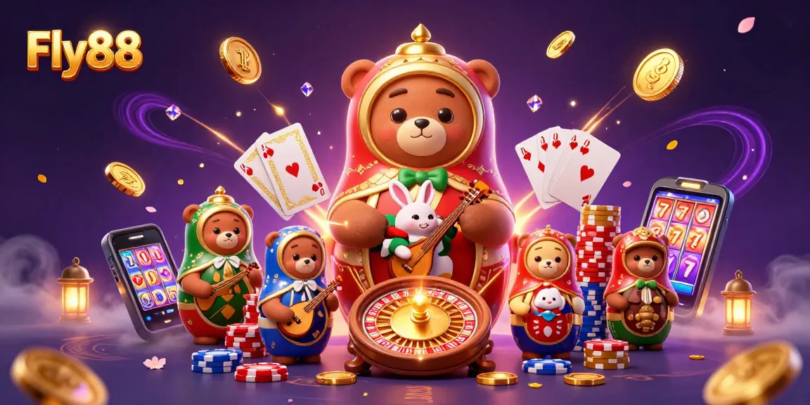 Fly88 showcases a vibrant 3D casino scene with dynamic elements illustrating excitement in gambling.