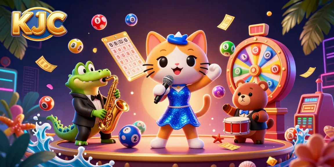 KJC engages players with a vibrant casino scene showcasing a lively cat singer, croc saxophonist, and bear drummer.